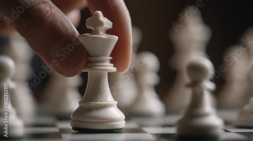 Strategic Maneuver: A close-up captures a hand moving the king chess piece on a board, symbolizing strategic thinking, decision-making, and the complexities of competition.