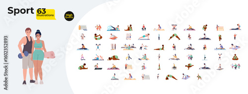 Fitness and home workout cartoon flat illustrations mega bundle. Diverse athletic people engaged in yoga, strength training, stretching 2D images isolated on white. Collection vector drawings colorful