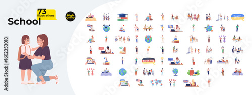 School life and education cartoon flat illustrations mega bundle. Elearning, languages study, diverse teachers students interaction 2D images isolated on white. Collection vector drawings colorful
