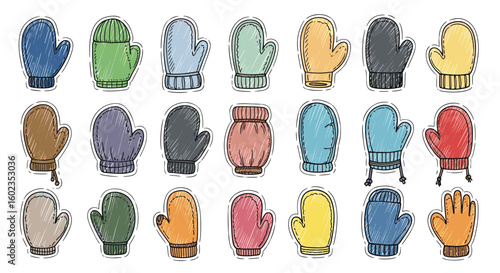 Colorful mittens collection illustration. Winter warmth, handwear, apparel, clothing, fashion, seasonal, cozy, holiday, sketch, style, festive.