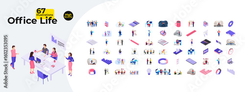 Office life and business cartoon flat illustrations mega bundle. Diverse professionals. Teamwork, meeting, work from home. Corporate 2D images isolated on white. Collection vector drawings colorful