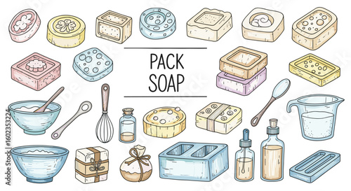 Collection of soap-making supplies and finished bars. Soap pack, handmade, ingredients, tools, diy, craft, natural, organic, beauty, wellness, lifestyle.