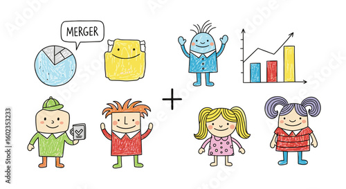 Business merger and collaboration with graphs, represented by drawn characters. Finance, team, corporation, strategy, agreement, investment, chart, stats.