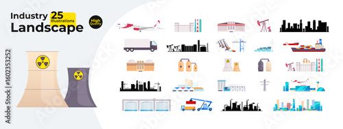 Industrial landscape and infrastructure cartoon flat illustrations mega bundle. Power plant, oil rig, airport, factory, shipping port 2D images isolated on white. Collection vector drawings colorful