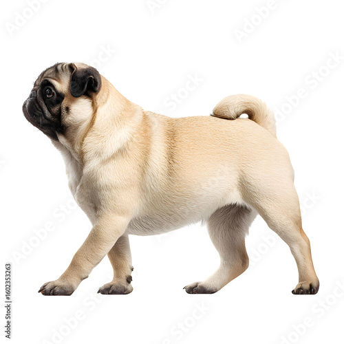 Tiny pug in a walking pose and  full body side view and  wrinkled face and compact build and  isolated white background Batch  realistic clean bright simple modern stock image isolated on plain backgr
