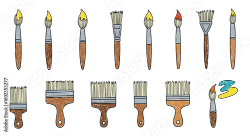 Paintbrushes in different shapes and sizes, many bristles, wood handles. Art, craft, creative, design, brush, equipment, artist, hobby, painting, tools