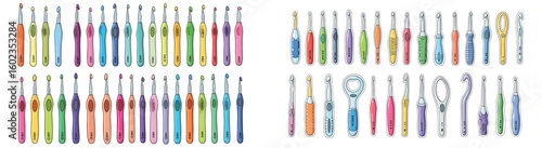 Colorful crochet hooks on display. Needlecraft, handmade, crafts, fiber arts, yarn, knitting, sewing, tools, hobby, creative, diy, art