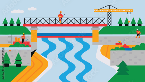 Illustration of a bridge under construction with workers crane and river flowing underneath it in a landscape