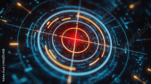 Wallpaper Mural Digital Target Lock: This image showcases a futuristic digital interface, with a glowing circular target lock set against a backdrop of complex technological elements, hinting at precision, focus. Torontodigital.ca