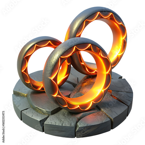 Olympic Interlocking Rings with Glowing Orange Interior on Stone Pedestal Isolated on Black art are not similar; they are totally unique. 