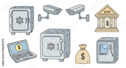 Hand-drawn bank icons with safe, security, and cash. Finance, security, investment, savings, money, banking, wealth, technology, surveillance