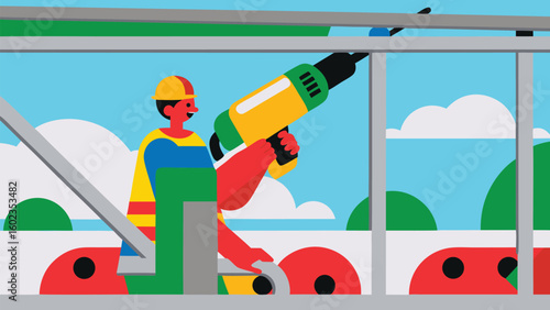 Construction worker using a power drill on scaffolding against a cloudy sky background illustration