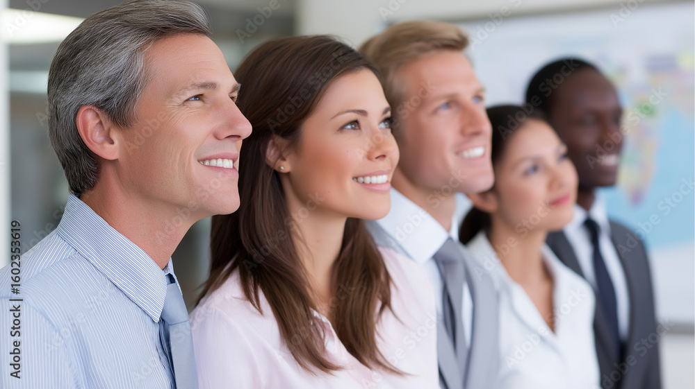 Businesspeople smiling and looking forward in office, diverse group showing positive teamwork and collaboration in professional environment Businesspeople smiling and looking forward in office, diverse group showing positive teamwork and collaboration in professional environment