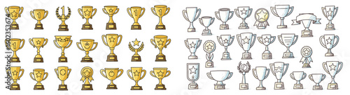 Doodle style trophy illustrations. Hand-drawn awards and achievement icons, prize, winner, success, victory, celebration, competition, accomplishment, decorative.
