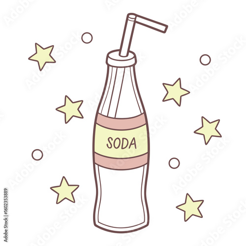 Soda bottle with straw surrounded by stars and circles with transparent background