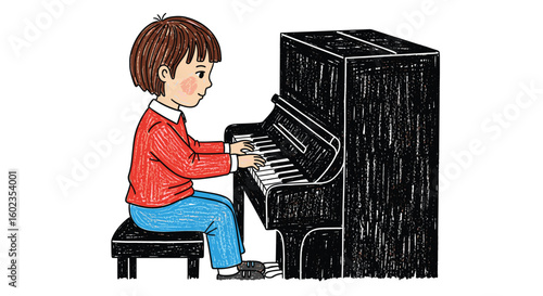 Boy plays piano with passion and delight. Music education and enjoyment. Artistic talent, musical skill, childhood hobby, learning music, concert practice.