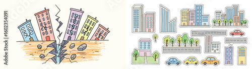 Earthquake destroys city buildings, creating destruction. Disaster concept, devastation, calamity, shaking, fault, seismic, danger, risk, crack, damage, ground, buildings, shake