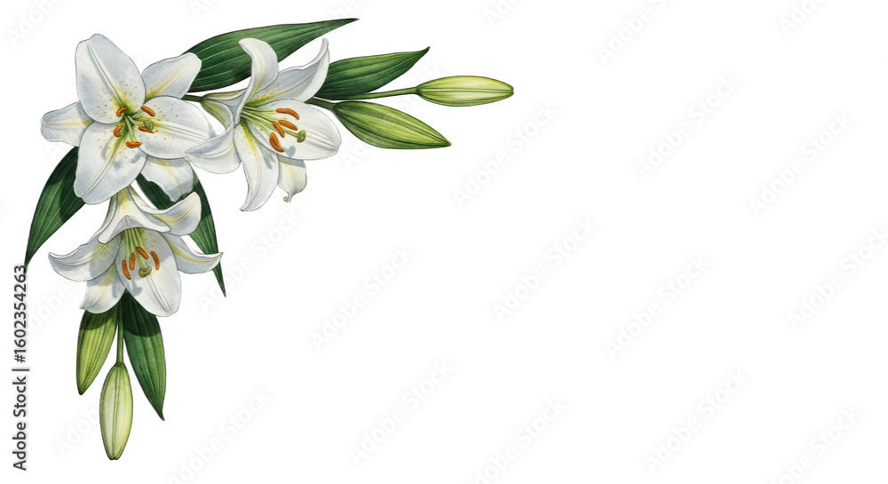 Obraz premium White lilies and green leaves arranged in the upper-left corner
