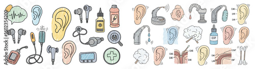Ear care and hearing health illustration. Hearing aids, ear cleaning, audiology tools, ear health, wellness, audiology, hygiene, ear cleaning.