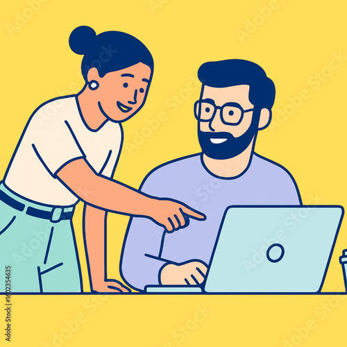 Young woman pointing at laptop while man smiling in office setting  