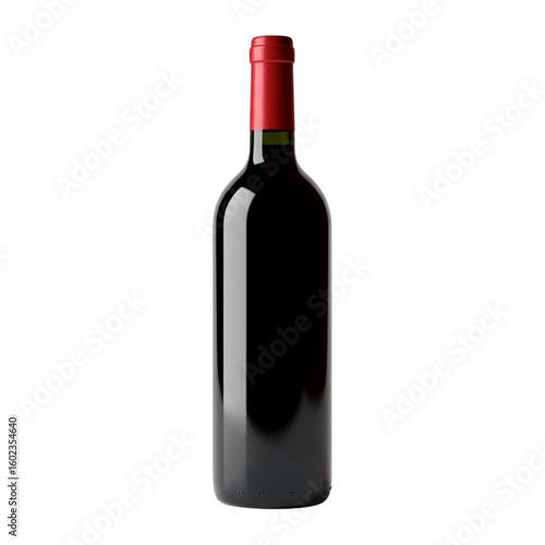 Red wine bottle with a cork and red cap displayed upright  