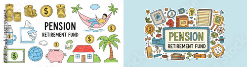 Pension retirement fund concept illustrations. Finance planning for golden years, investments, retirement savings, money management, financial security.