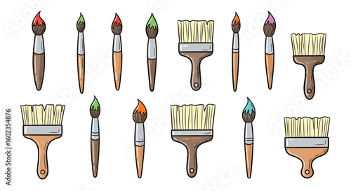 Colorful paintbrushes set on white background. Art supplies, paint, color, drawing, craft, brush strokes.