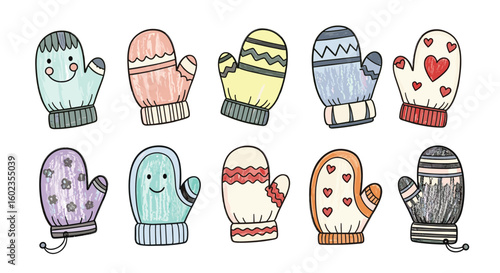 Ten mittens in colorful designs. Winter apparel, warmth, clothing, handwear, style, decoration, holiday, cute, festive, pattern, seasonal