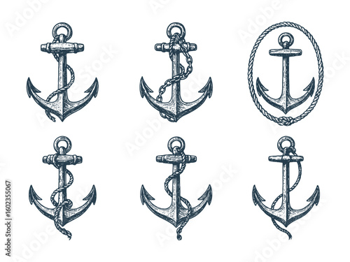 Set of vintage nautical anchor sketches featuring ropes and chains in engraved style.
