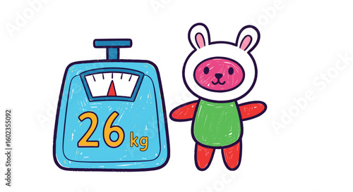 Scale shows 26 kg weight next to bunny. Measurement, body mass, kawaii, toy, cartoon, childlike, adorable.