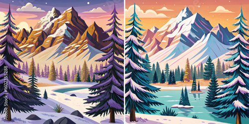 Vector cartoon of snowy set winter hills and forest in gentle snowfall, ideal for Christmas designs, hiking themes, and seasonal travel concepts collection