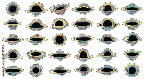 Abstract black hole collection with colorful rings. Astronomy, universe, cosmos, space, science fiction, galaxy, celestial, dimension, gravity, cosmic, physics