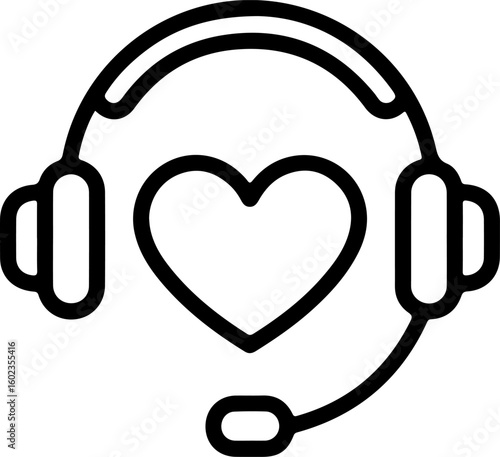 Icon of headphones with a heart symbol inside representing compassionate customer service or support