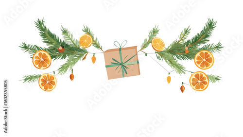 Christmas garland with dried orange slices and gift box