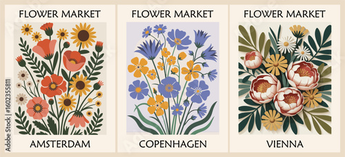 Flat vector illustration set of retro Flower Market posters in mid-century modern style featuring Amsterdam, Copenhagen, and Vienna. Perfect for vintage gallery wall art and floral decor.