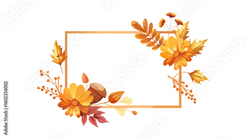 Autumn frame with orange leaves and floral border