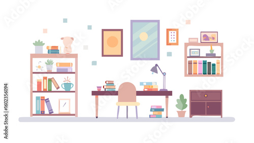 Cozy home office with bookshelves and desk setup
