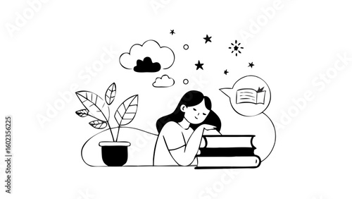 Girl reading book with dream icons above head