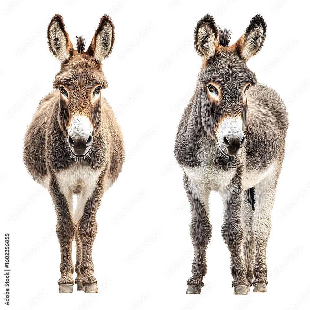 Obraz premium Two donkeys and one front view and one back view and realistic texture and fur details and calm stance and isolated white background Batch realistic clean bright simple modern stock image isolate