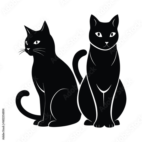 Silhouette of two sitting cats side by side vector art