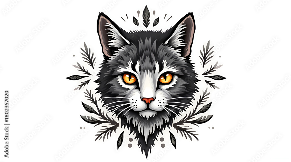 Obraz premium Stylized Cat Head Illustration Design with Decorative Foliage