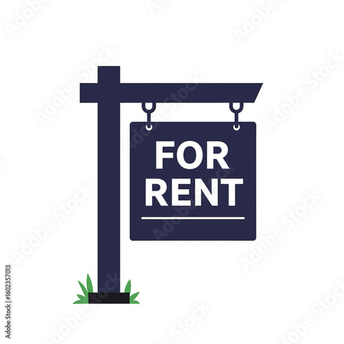 For Rent sign on a pole with grass in a simple design  