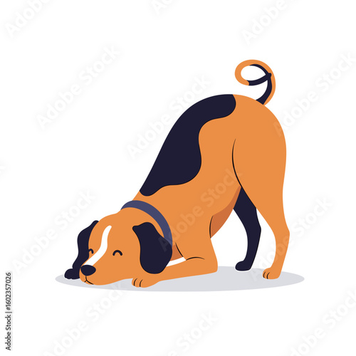 Playful dog sniffing the ground with a happy expression  