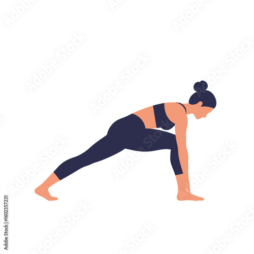 Young woman practicing yoga in a lunge position on white background  