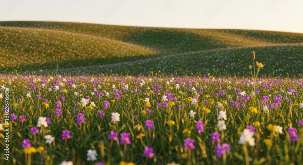 Obraz premium Scenic landscape of flowering plants stretching across rolling hills in early summer.