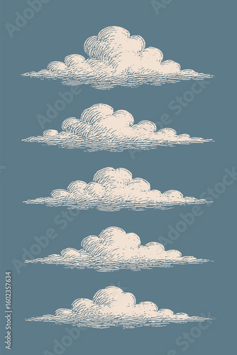 Vintage-style hand-drawn horizontal clouds on a muted blue background in engraving look.