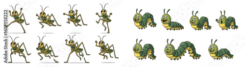 Cartoon grasshopper and caterpillar crawl, hop and move. Animation sprite, animal insect, character, cute, illustration, crawling, hopping, movement, vector.