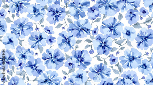 Seamless blue watercolor vector pattern showcases soft florals and leaves in varying shades of blue, blue flower background