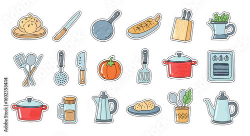 Cartoon stickers show kitchen utensils and food icons. Cooking, kitchenware, culinary arts, dining, home decor, illustration, design, sticker