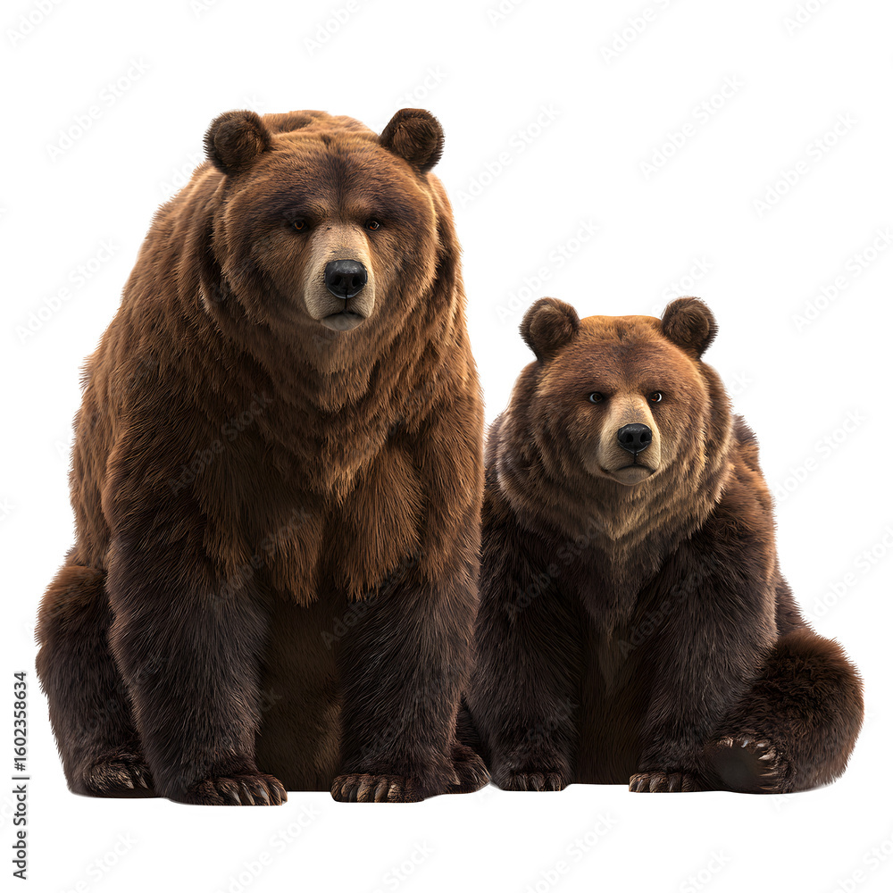 Fototapeta premium Two grizzly bears and one standing and one sitting and thick brown fur and expressive faces and realistic render and isolated white background Batch realistic clean bright simple modern stock ima